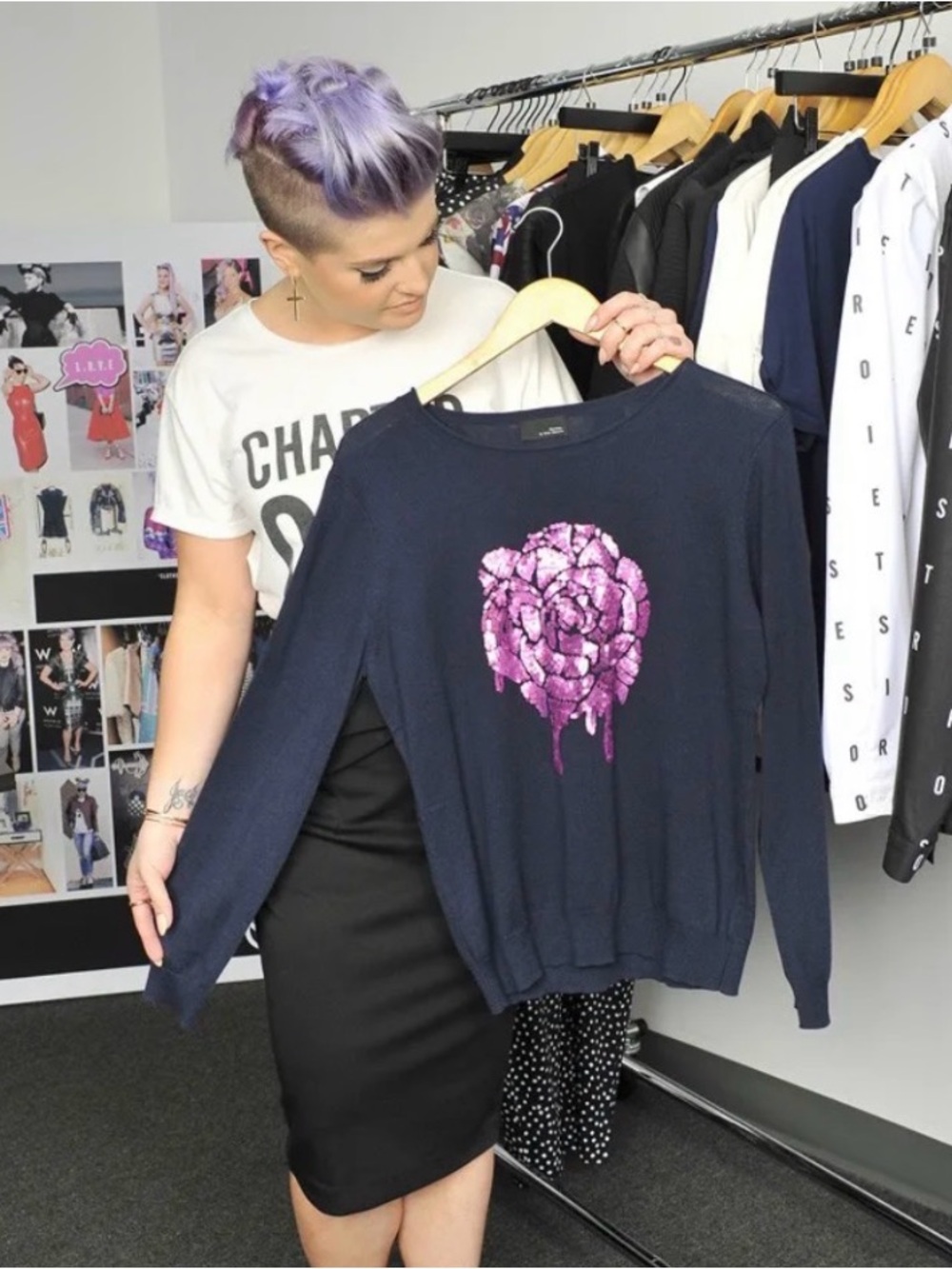 Stories By Kelly Osbourne - Navy & Pink Sequined Floral Graphic Crewneck Sweater